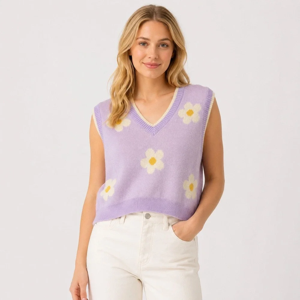 Pull&Bear Y2K Soft Indie Whimsy Lavender Daisy Floral Knit V-Neck Sweater Vest